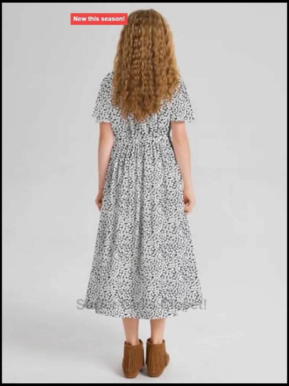 Girls Butterfly Sleeve Elastic Crew Neck Floral Print High Waist Midi Belted